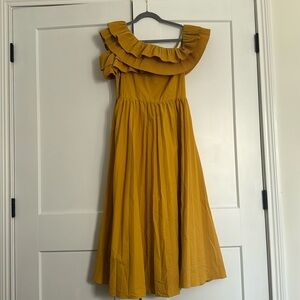 Summer/Fall wedding guest dress with asymmetrical neckline and pleated skirt